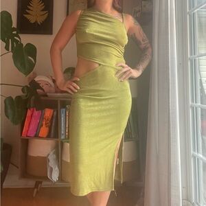 Princess Polly Metallic Olive Green Midi Dress with Side Cutout